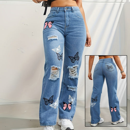 Ripped Distressed Denim with Butterfly Print - Daily Goods