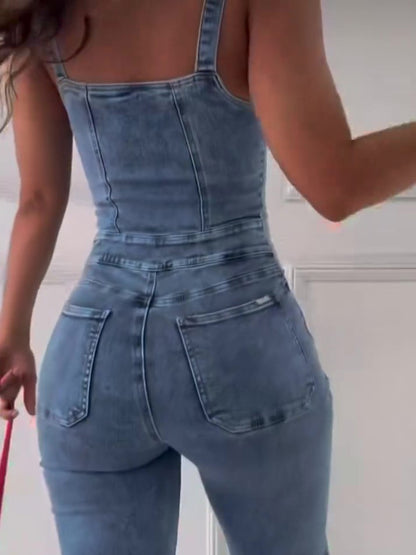 Women’s Sleeveless Denim Jumpsuit  with Zipper Front - Daily Goods