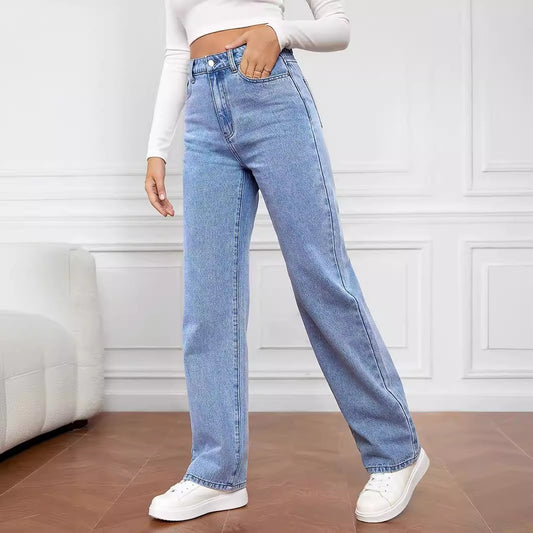 Women’s Washed Straight Jeans – Mid Waist Casual Denim Pants - Daily Goods