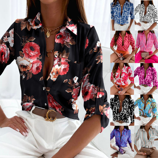 Trendy V-Neck Single Breasted Leisure Shirt – Multiple Colors & Prints - Daily Goods