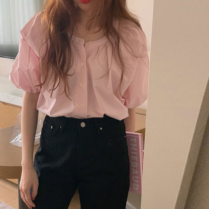 Women’s Retro Multi-Button Loose Slimming Shirt – Casual Half-Sleeve Polyester Top in Pink - Daily Goods