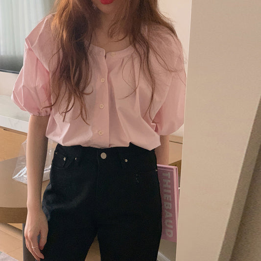 Women’s Retro Multi-Button Loose Slimming Shirt – Casual Half-Sleeve Polyester Top in Pink - Daily Goods