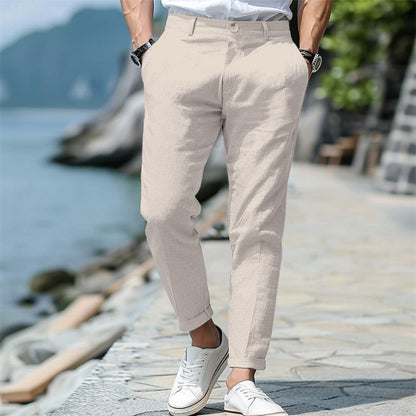 Men’s Linen Slim Fit Trousers – Solid Color Mid-Waist Skinny Pants, Casual Youth Style with Zipper Fly - Daily Goods