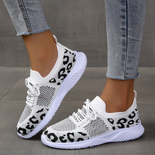 White Shoes Women Leopard Print Lace-up Sneakers Sports - Daily Goods