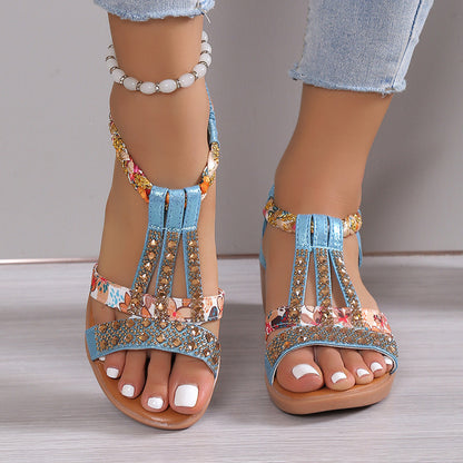 Casual Wedges Sandals With Rhinestone Summer Plus-size Peep-toe Roman Shoes - Daily Goods