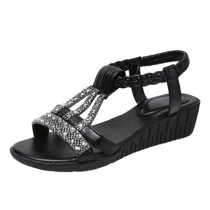 Casual Wedges Sandals With Rhinestone Summer Plus-size Peep-toe Roman Shoes - Daily Goods