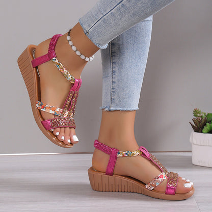 Casual Wedges Sandals With Rhinestone Summer Plus-size Peep-toe Roman Shoes - Daily Goods
