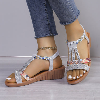 Casual Wedges Sandals With Rhinestone Summer Plus-size Peep-toe Roman Shoes - Daily Goods