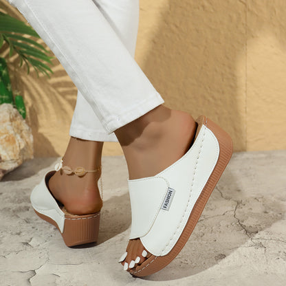 Summer Wedge Slides Slippers Fashion Fish Mouth Thick Bottom Roman Shoes Solid Color Beach Sandals For Women - Daily Goods