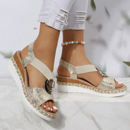 Women's Peep Toe Serpentine Wedges Sandals With Circle Design Casual Summer Shoes - Daily Goods